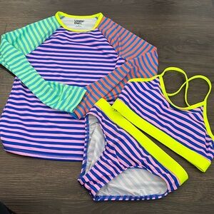 Lands End 3 Piece bikini and Rash guard Girls size 8